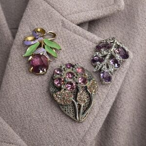 Vintage Floral Dress Clips Purple Rhinestones Enamel Leaf & Silver Tone Clip Lot